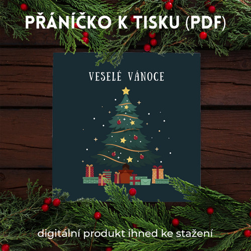 Vánoční přání stromeček s dárky k tisku (PDF)