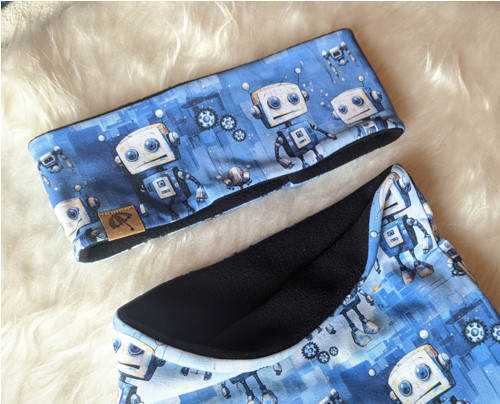 Dětská sada čelenka + nákrčník modrá s roboty