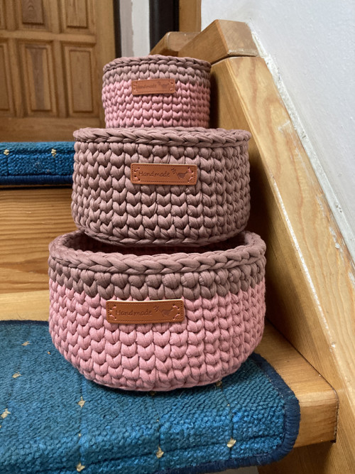 Set ručně háčkovaných košíků starorůž/hnědá(3ks)