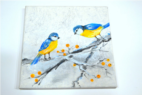 Sýkorky v zimě - obraz - plátno 20x20cm - akryl