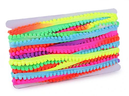 Prýmek šíře 14mm s bambulkami Ø6mm neon. duha (1m)