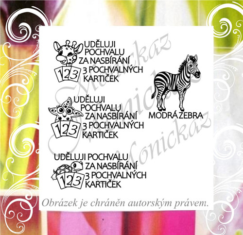 Pochvala, modrá zebra na přání. Razítka 4 ks.