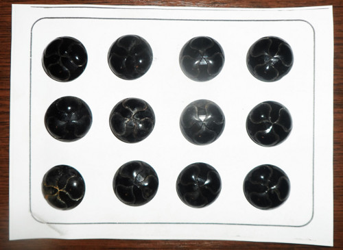 12x starožitné velké SKLENĚNÉ knoflíky, kov noha