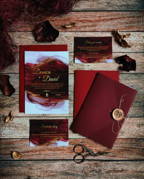 Svatební oznámení Burgundy gold