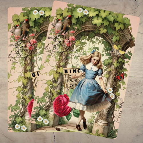 Vintage pohlednice Alice v zahradě