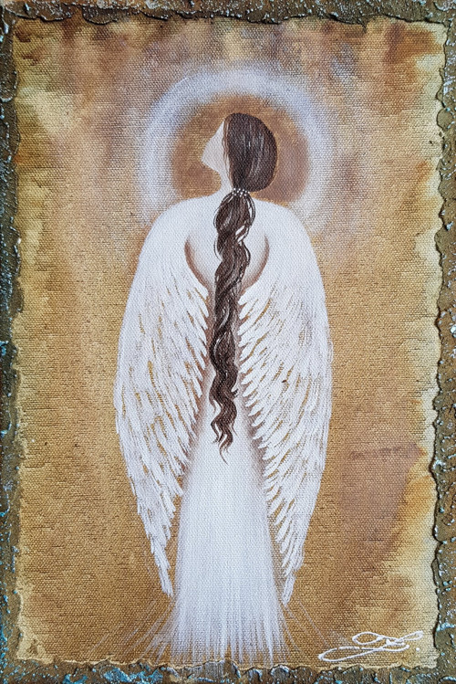 Anděl 30x20cm olej na plátně + reliéf + měděnkavá