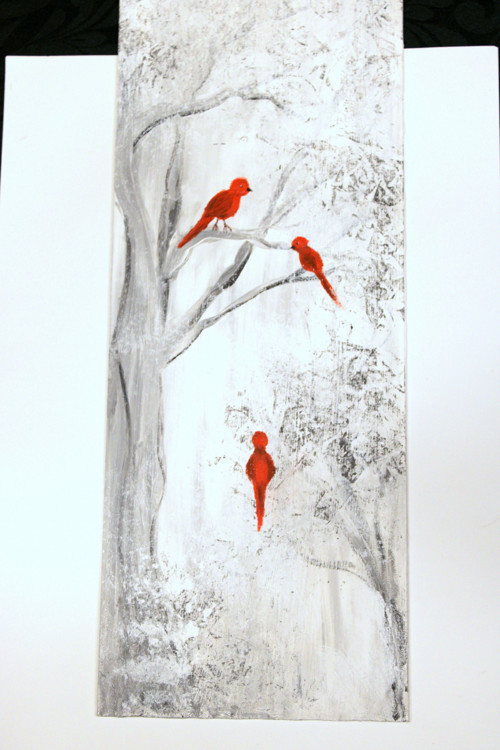 Červení ptáčci v zimě - obraz - sololit 52x17cm