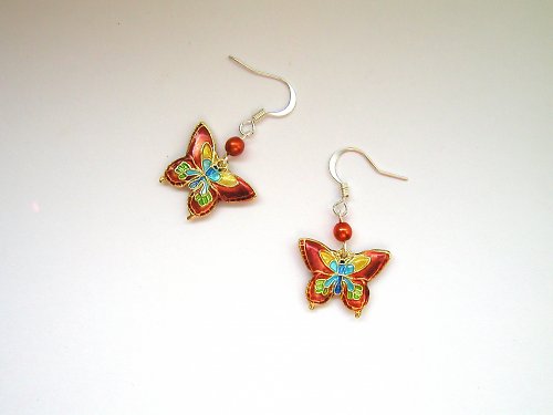 Červené cloisonne náušnice — foto 1