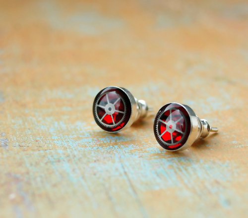 Steampunkové náušky, Ag925/1000, /red/ — foto 1