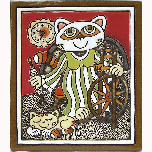Keramický obrázek - Kočka a kolovrátek K-141-CE