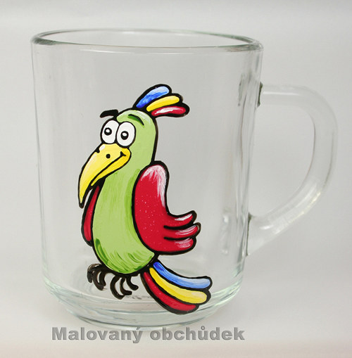 Skleněný hrneček s papouškem Pepčou