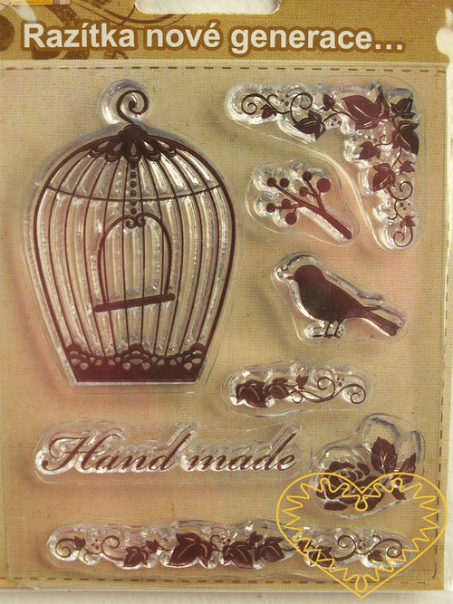 Gelová razítka - klec, ptáček, ornamenty 7 x8,5 cm