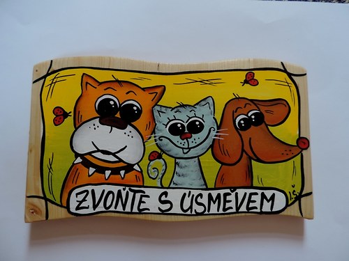 Dřevěná uvítací cedule-pes a kočka
