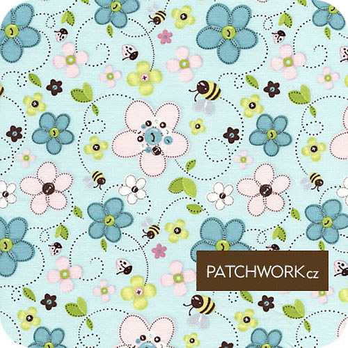 Látka Stitched Garden modrá s včelky — foto 1
