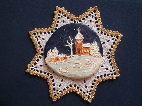 Zimní obrázek z keramické hlíny. 10,5x10cm