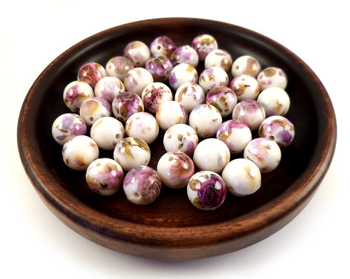 Korálky "porcelánové" potisk růží Ø10mm, 6ks