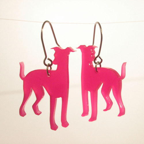 Visací náušnice plexi pink chrtík / nerez ocel