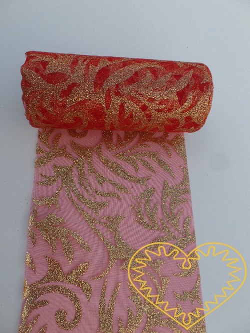 Červená organza se zlatým vzorem z glitrů -š 12 cm
