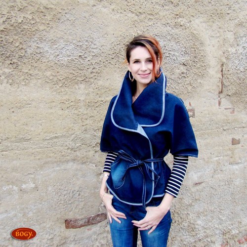 Podzimní kabátek se stojáčkem, denim — foto 1