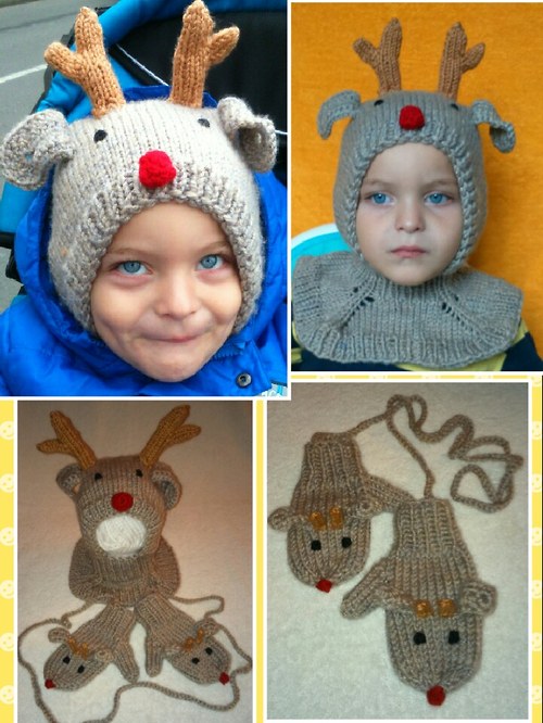 Dětská pletená kukla + rukavičky Sobík
