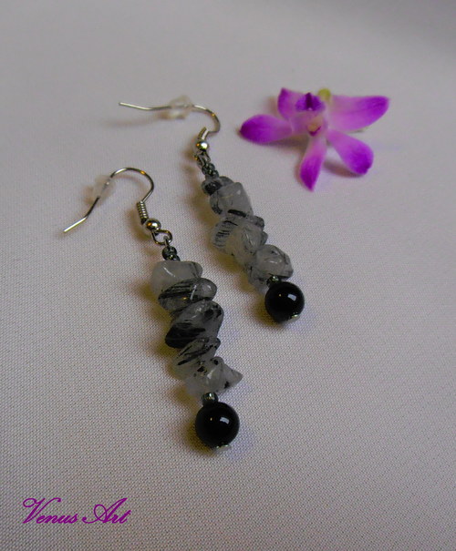 Náušnice s minerály ONYX,KŘIŠŤÁL s TURMALÍNEM