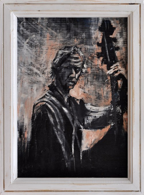 Kontrabasista,Olej na desce / or. Pavel Dlabal