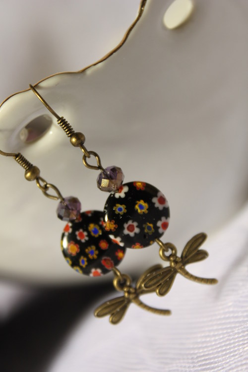 Millefiori s vážkami.. Náušnice — foto 1