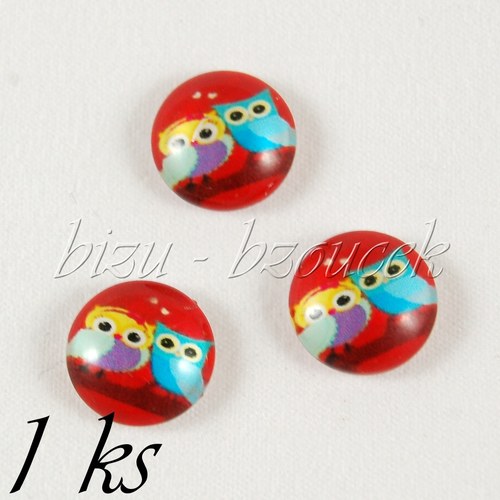 Skleněný kabošon dvě sovičky na čeveném - 1ks — foto 1