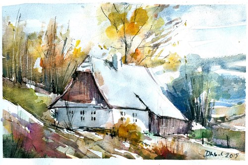 Krajina akvarel..."na samotě" / or. Dlabal