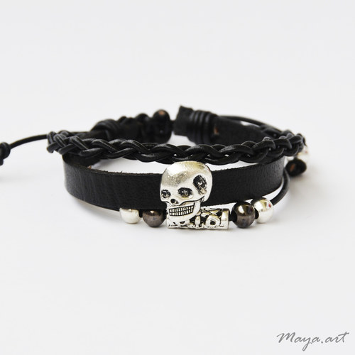 Černý náramek "LEATHER BRACELET" s lebkou — foto 1