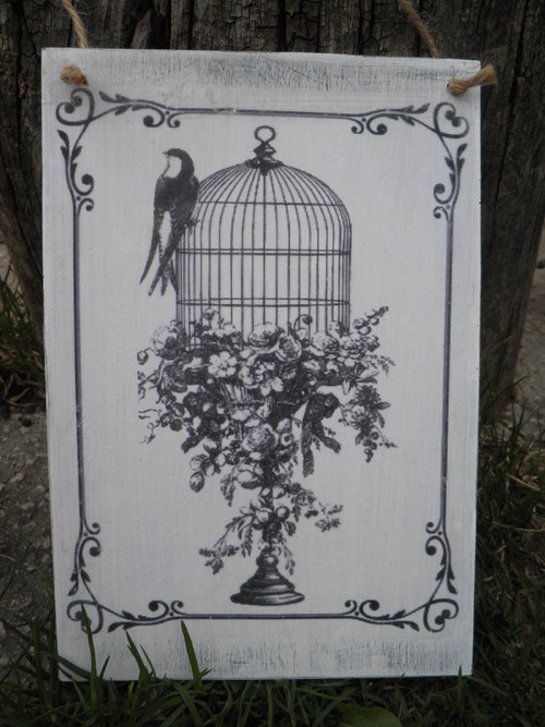 Vintage cedulka "Vlaštovka, klec a květiny"