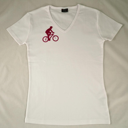Bílé dámské triko s tmavě růžovým cyklistou XL