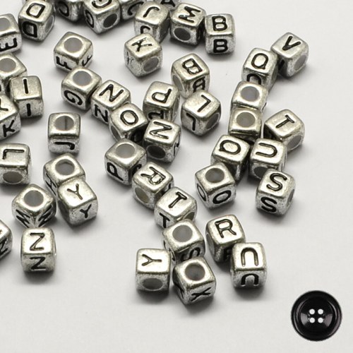 Korálky Písmenka; 6x6mm (50ks) - stříbrná, mix