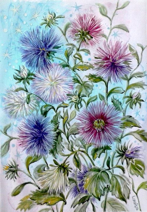 Astry a hvězdy II - akvarel, kvaš 28x40 cm