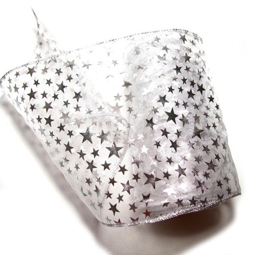 Vánoční organza š. 15 cm, d. 9 m - stříbrné hvězdy