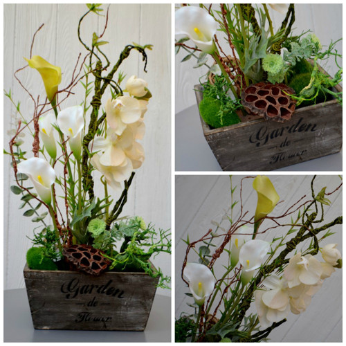 Orchidea a kaly v dřevěné nádobě — foto 1