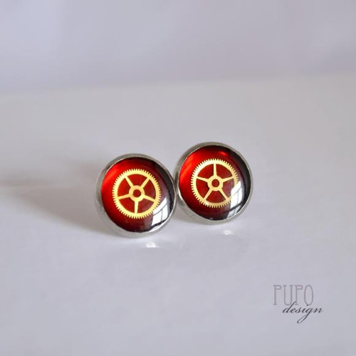 Červené STEAMPUNK pecky, chirurgická ocel, 12mm — foto 1