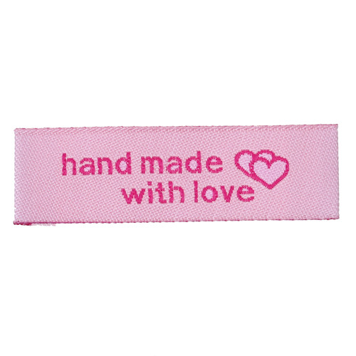 Štítek s potiskem HAND MADE/ 60x15mm/ pink/ 10ks