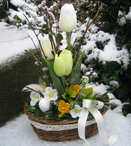 Jarní košík s tulipány a husičkou — foto 1