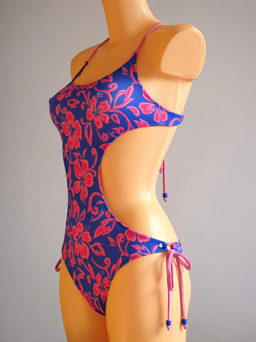 Monokini scooped plum/pink flowers