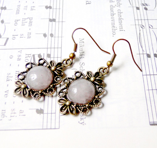 Vintage Flower& Rose Quartz / Náušnice s ruženínem