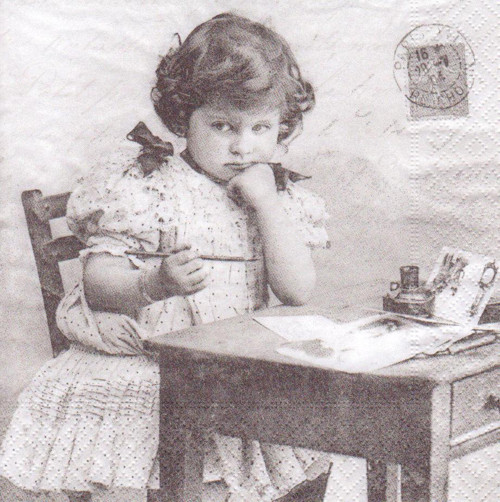 Ubrousek vintage - dívka píšící úkol