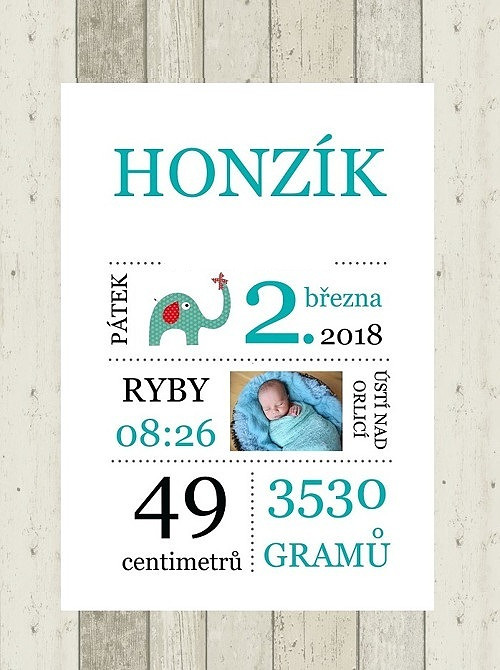 Plakát s údaji o narození dítěte