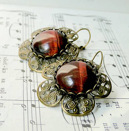 Romantic Flowers / Naušnice s tygřím okem — foto 1