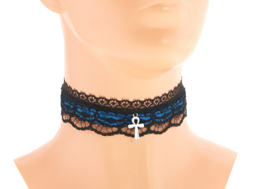 Dámský gothic obojek krajkový modrý 01D2