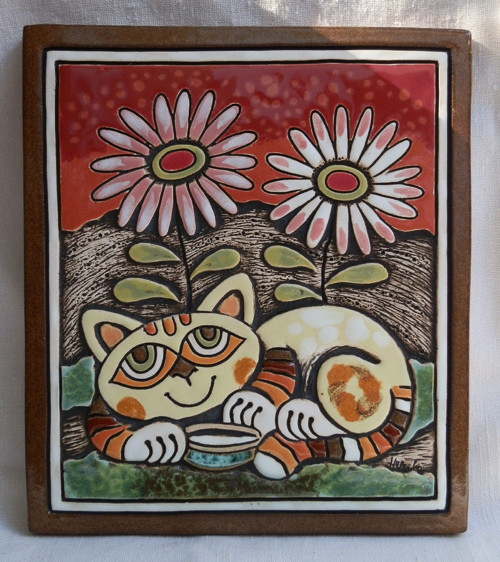 Keramický obrázek - Kočka a kopretiny-IKH-116-CE