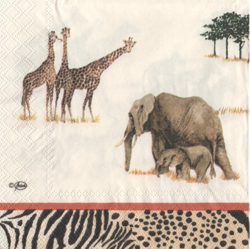 Papírový ubrousek,safari, slon, zebra,žirafa,2kusy
