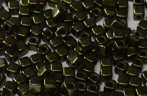 Skleněné korálky CUBE 6mm (10g) - bronz zelený — foto 1