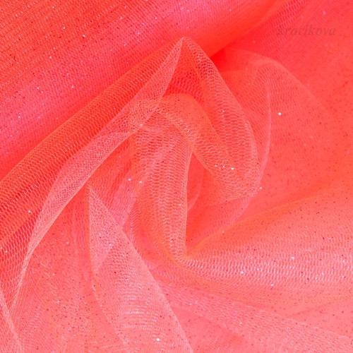 Tyl s třpytkami fluo. oranžovorůžový, cena za 50cm