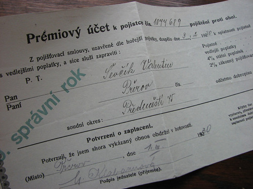 Prémiový účet k pojistce, dokument 1930